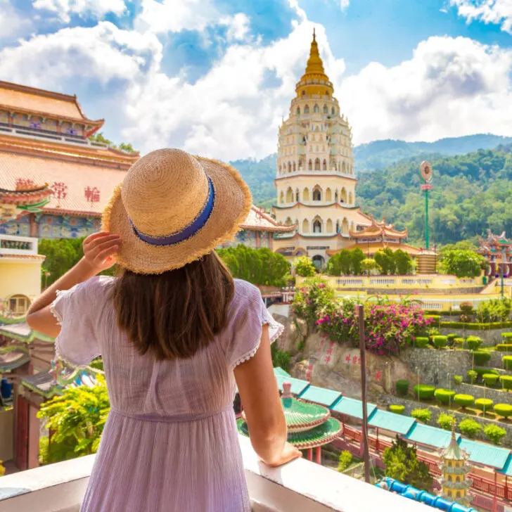 Woman traveler at Kek Lok Si Temple in Georgetown Penang island Malaysia 728x728 jpg